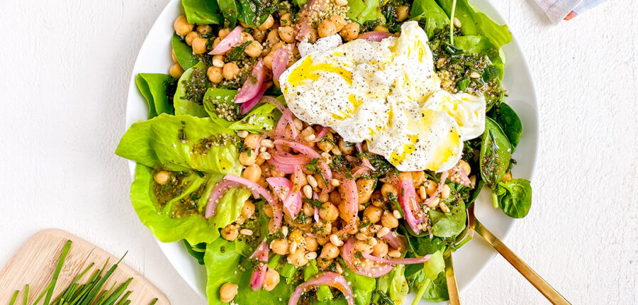 Simple Chickpea and Burrata Salad with Chive Balsamic Dijon Dressing