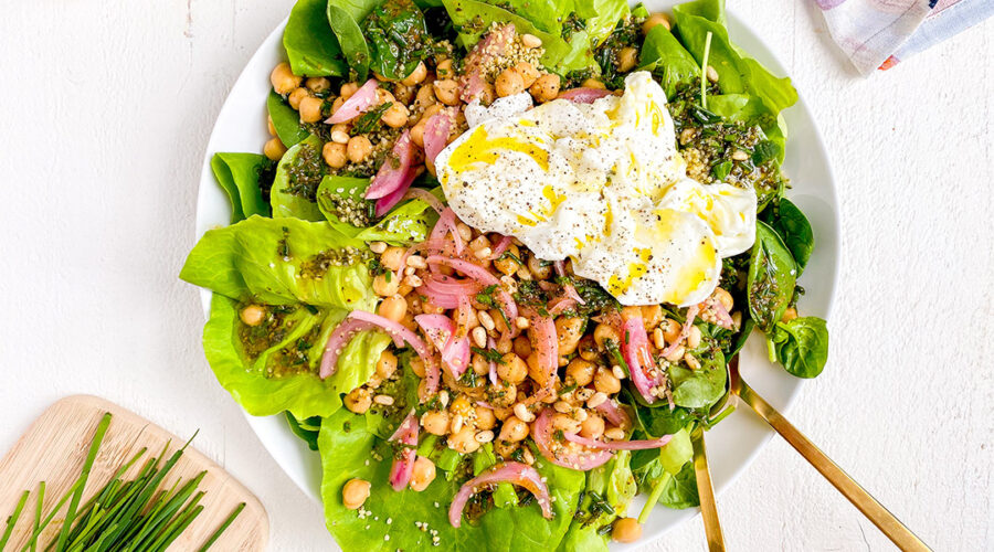 Simple Chickpea and Burrata Salad with Chive Balsamic Dijon Dressing